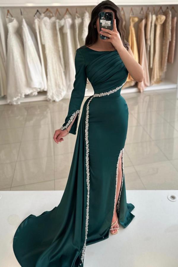 Designer Evening Dresses Long Dark Green Prom Dresses with Sleeves