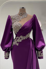 Purple Evening Dresses Long With Sleeves Prom Dresses Evening Wear Glitter