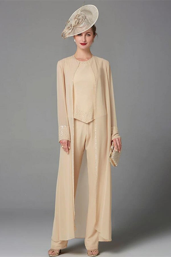 Champagne Mother of the Bride Dresses Long Chiffon 3 Piece Mother of the Bride Dress Jumpsuit