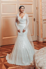 Luxury Wedding Dresses A Line Glitter Wedding Dresses with Sleeves