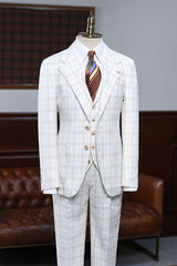 Alfred Fashion White Plaid 3 Pieces Notched Lapel Slim Fit Suit