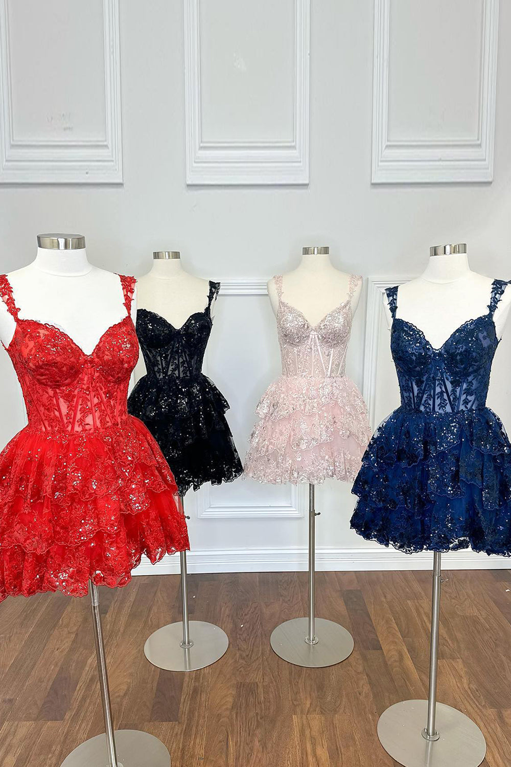 Sparkly Blue Corset Tiered Lace A-Line Homecoming Prom Dress