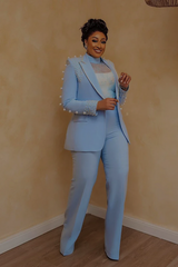 Light Blue Trouser Suit Women's Festive 2 Piece Suits