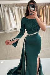 Designer Evening Dresses Long Dark Green Prom Dresses with Sleeves