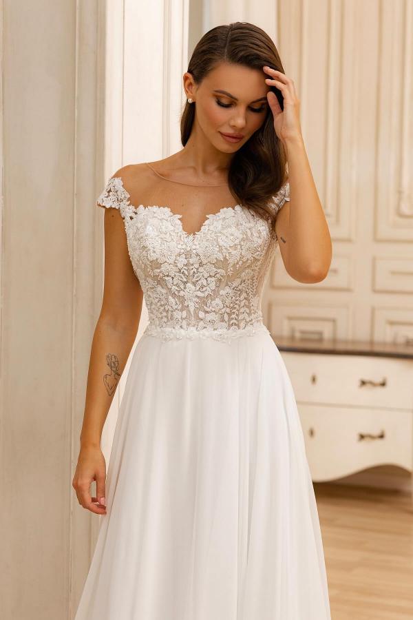 Schlichte Brautkleider Spitze A Linie Hochzeitskleider Lang Chiffon BMbridal.de
