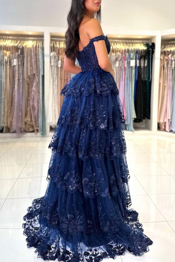 Fashion Evening Dresses Long Navy Blue Lace Prom Dresses Cheap