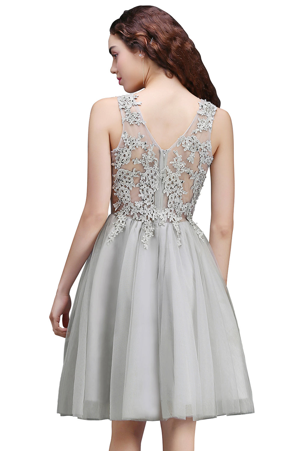 Beautiful Cocktail Dresses Short Silver Prom Dresses with Lace