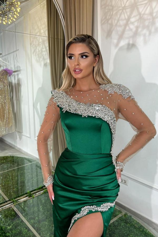 Green Evening Dresses Long Glitter Prom Dresses with Sleeves