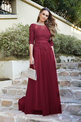 Bugundy Evening Dresses With Sleeves Prom Dresses Long Lace