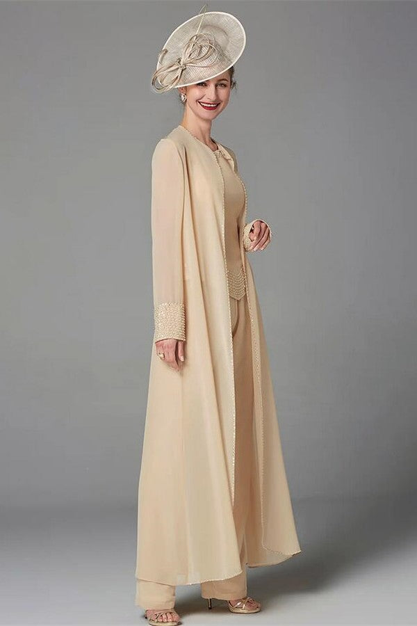 Champagne Mother of the Bride Dresses Long Chiffon 3 Piece Mother of the Bride Dress Jumpsuit