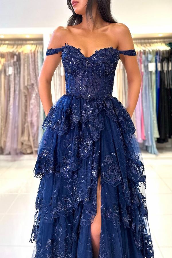 Fashion Evening Dresses Long Navy Blue Lace Prom Dresses Cheap