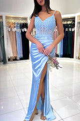 Baby Blue Evening Dresses Long Cheap Prom Dresses with Lace