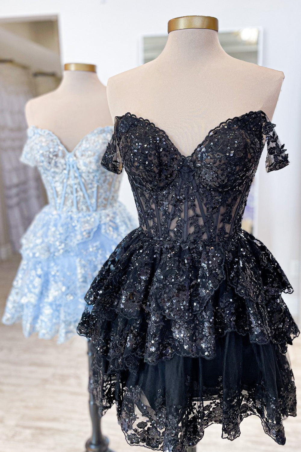 Sparkly Blue Corset Tiered Lace A-Line Homecoming Prom Dress