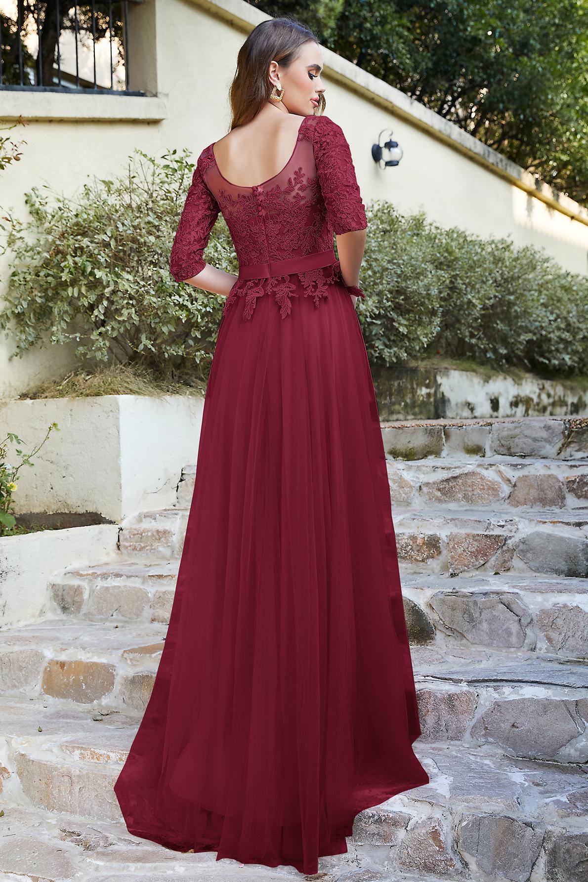 Bugundy Evening Dresses With Sleeves Prom Dresses Long Lace