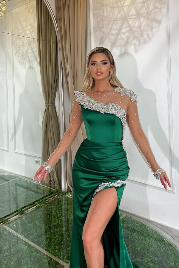 Green Evening Dresses Long Glitter Prom Dresses with Sleeves