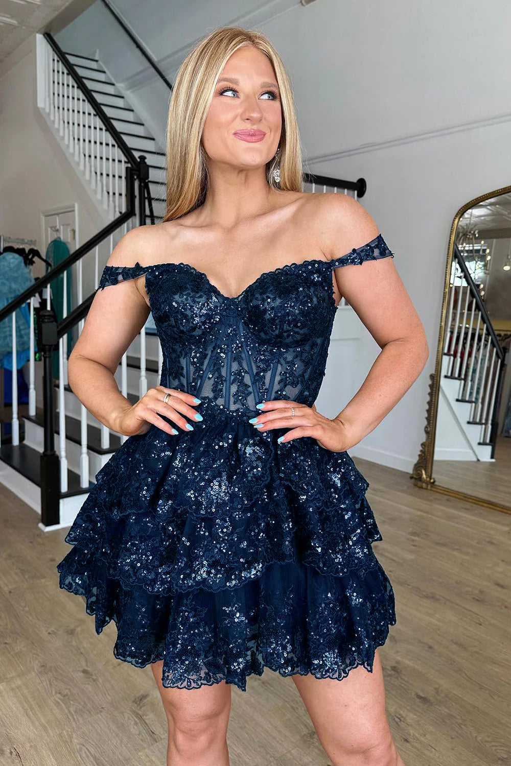 Sparkly Blue Corset Tiered Lace A-Line Homecoming Prom Dress