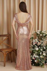 Simple Evening Dresses Long Pink Gold Prom Dresses Glitter