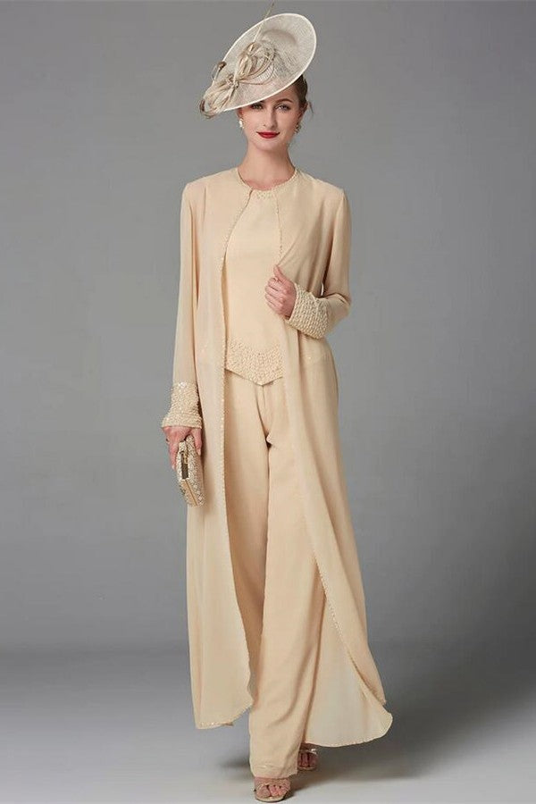 Champagne Mother of the Bride Dresses Long Chiffon 3 Piece Mother of the Bride Dress Jumpsuit