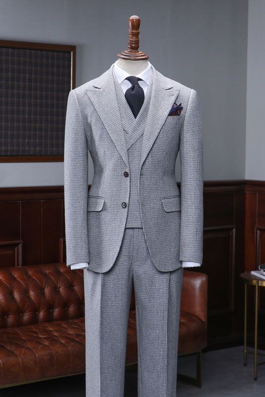 Addison Regular Gray Small Plaid Peaked Lapel 2 Button Business Suit