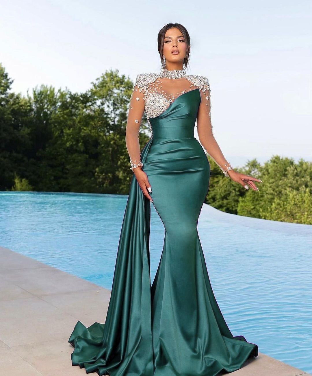 Elegant Evening Dresses Long Green With Sleeves Evening Wear Cheap Online