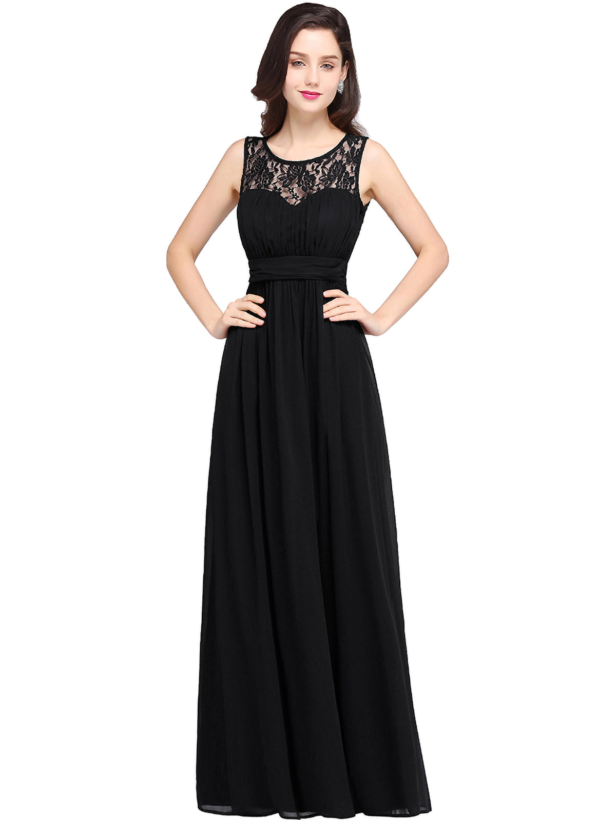 Cheap Evening Dresses Navy Blue Long Chiffon Evening Dresses With Lace