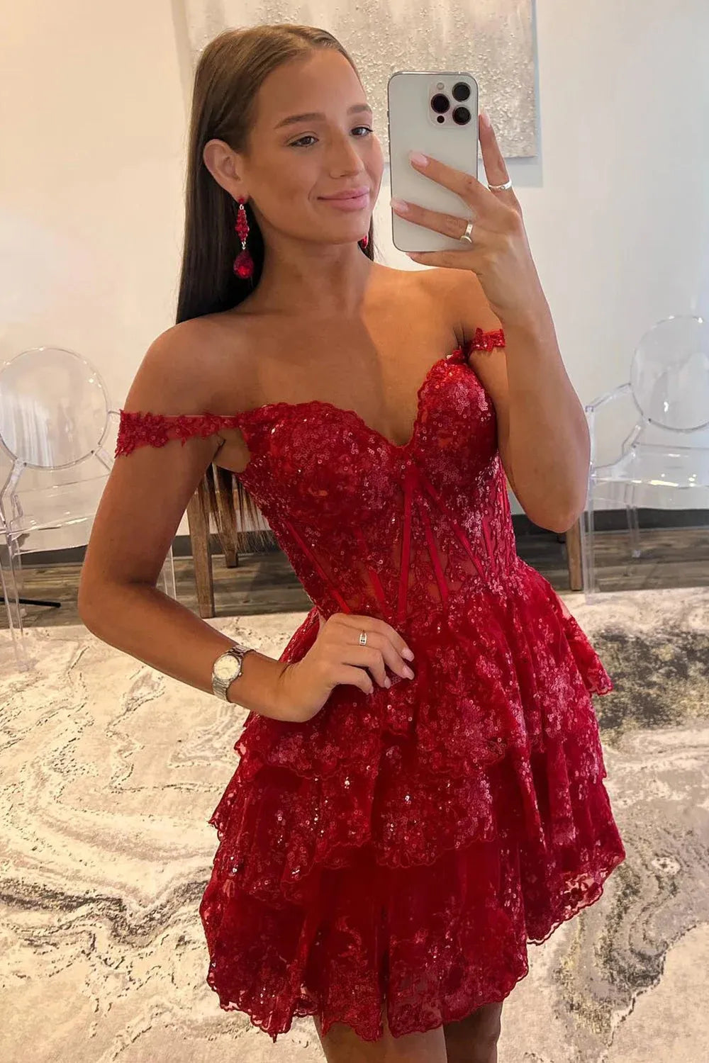 Sparkly Fuchsia Tiered Lace A-Line Short Homecoming Dress