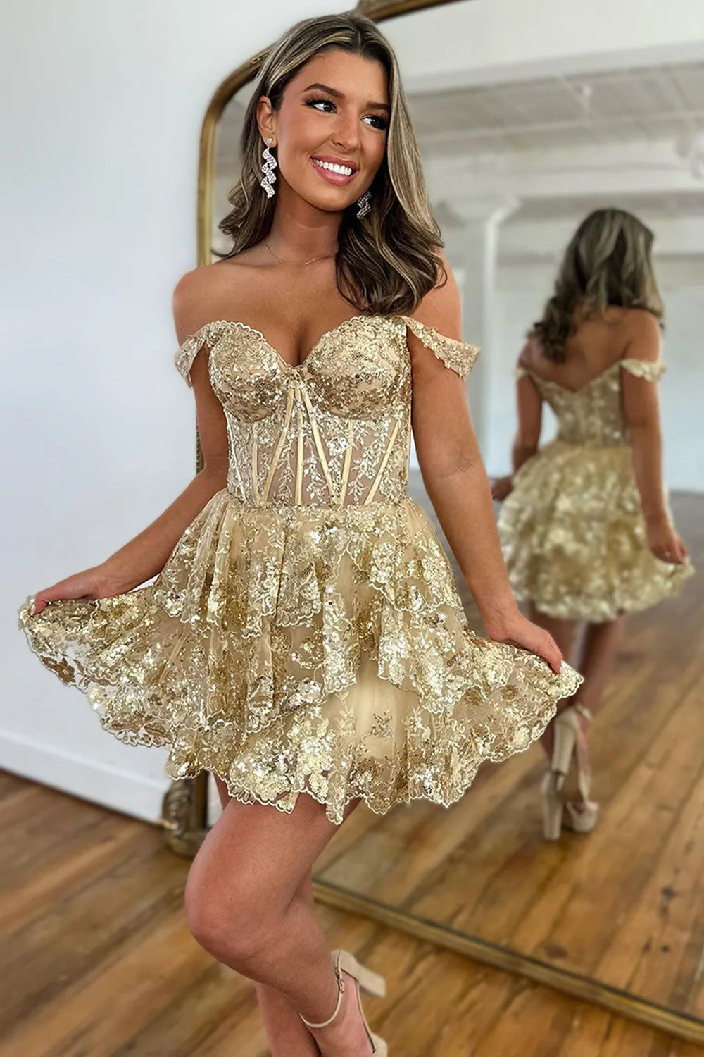 Sparkly Blue Corset Tiered Lace A-Line Homecoming Prom Dress