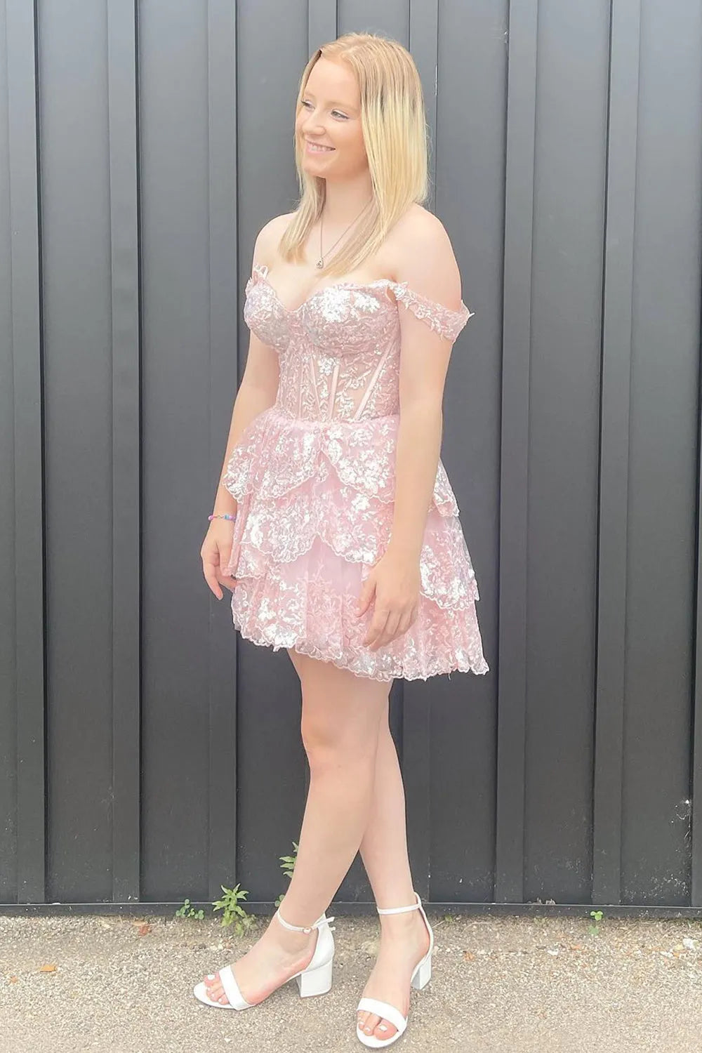 Sparkly Fuchsia Tiered Lace A-Line Short Homecoming Dress