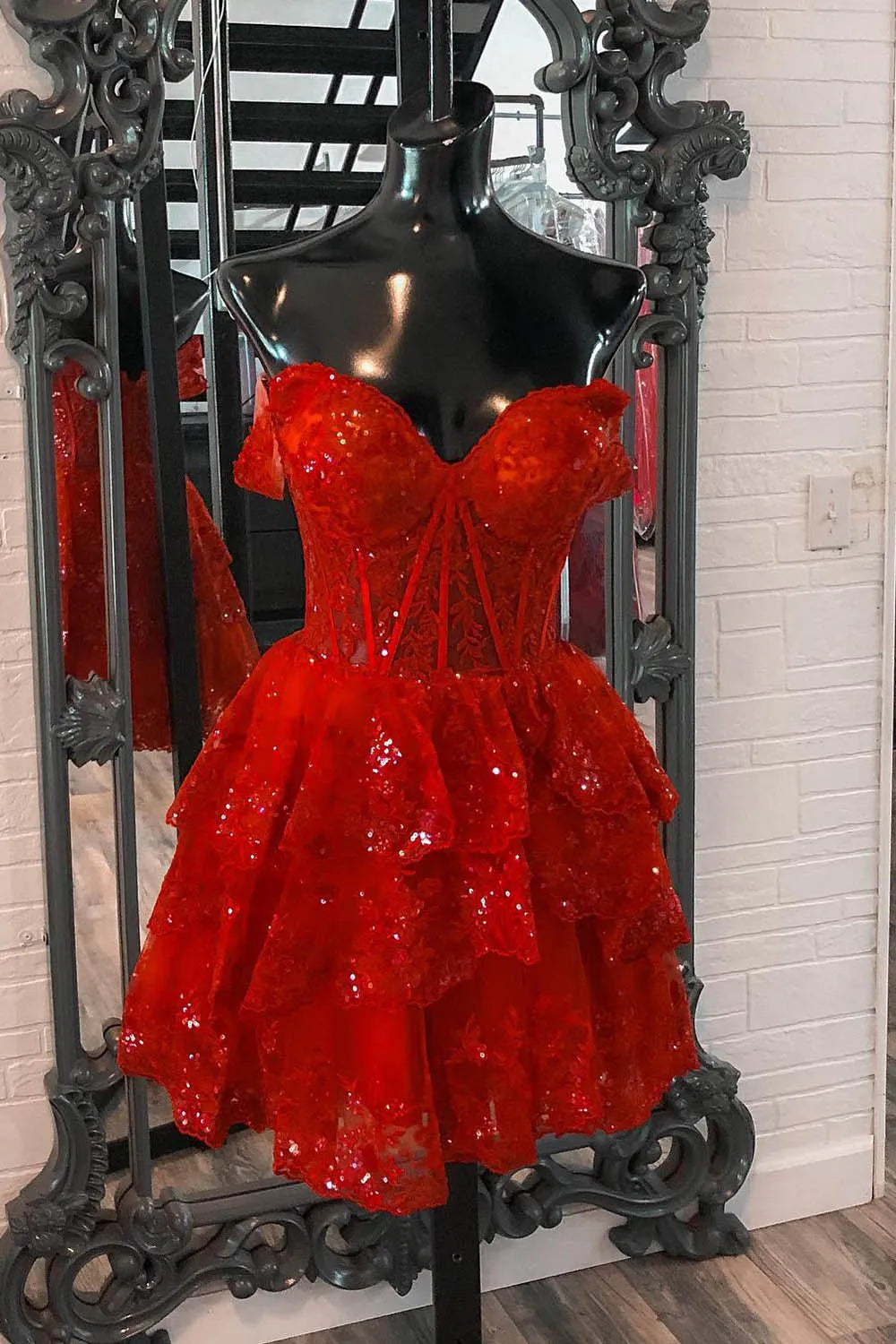 Sparkly Blue Corset Tiered Lace A-Line Homecoming Prom Dress