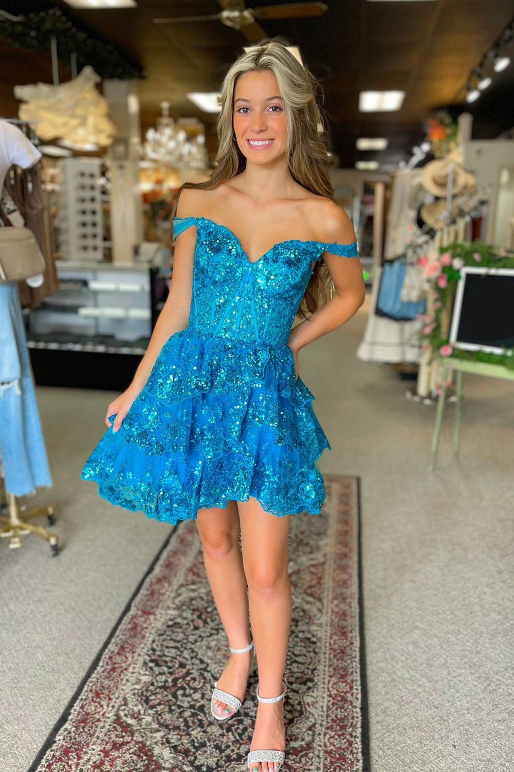 Sparkly Blue Corset Tiered Lace A-Line Short Homecoming Prom Dress