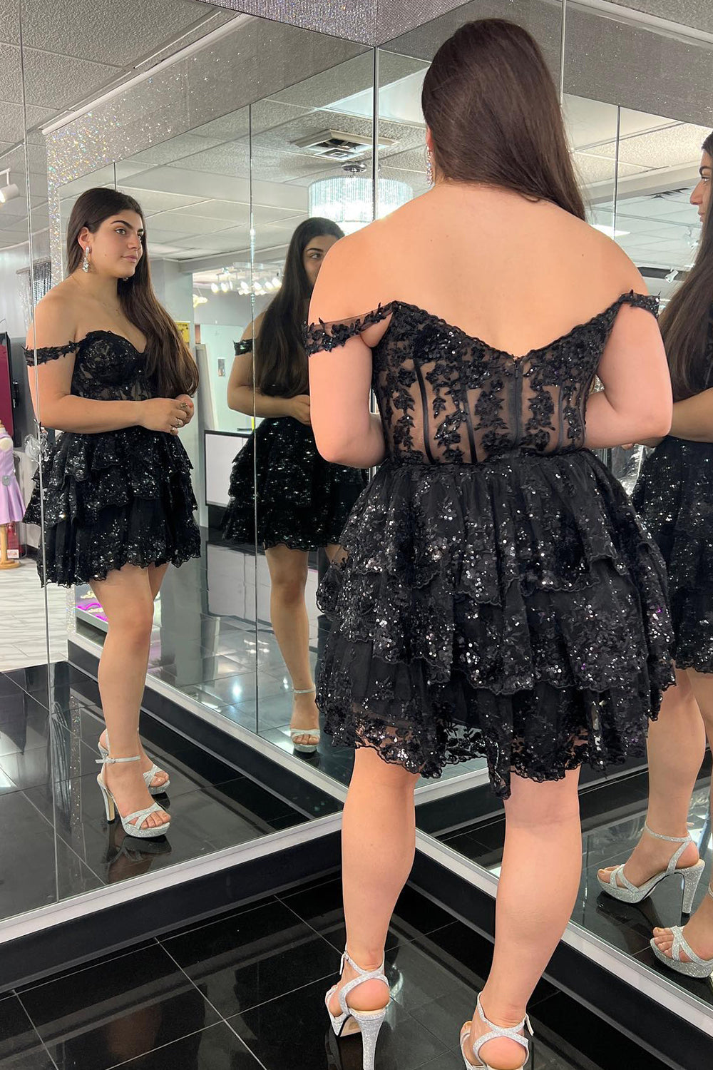 Sparkly Blue Corset Tiered Lace A-Line Homecoming Prom Dress