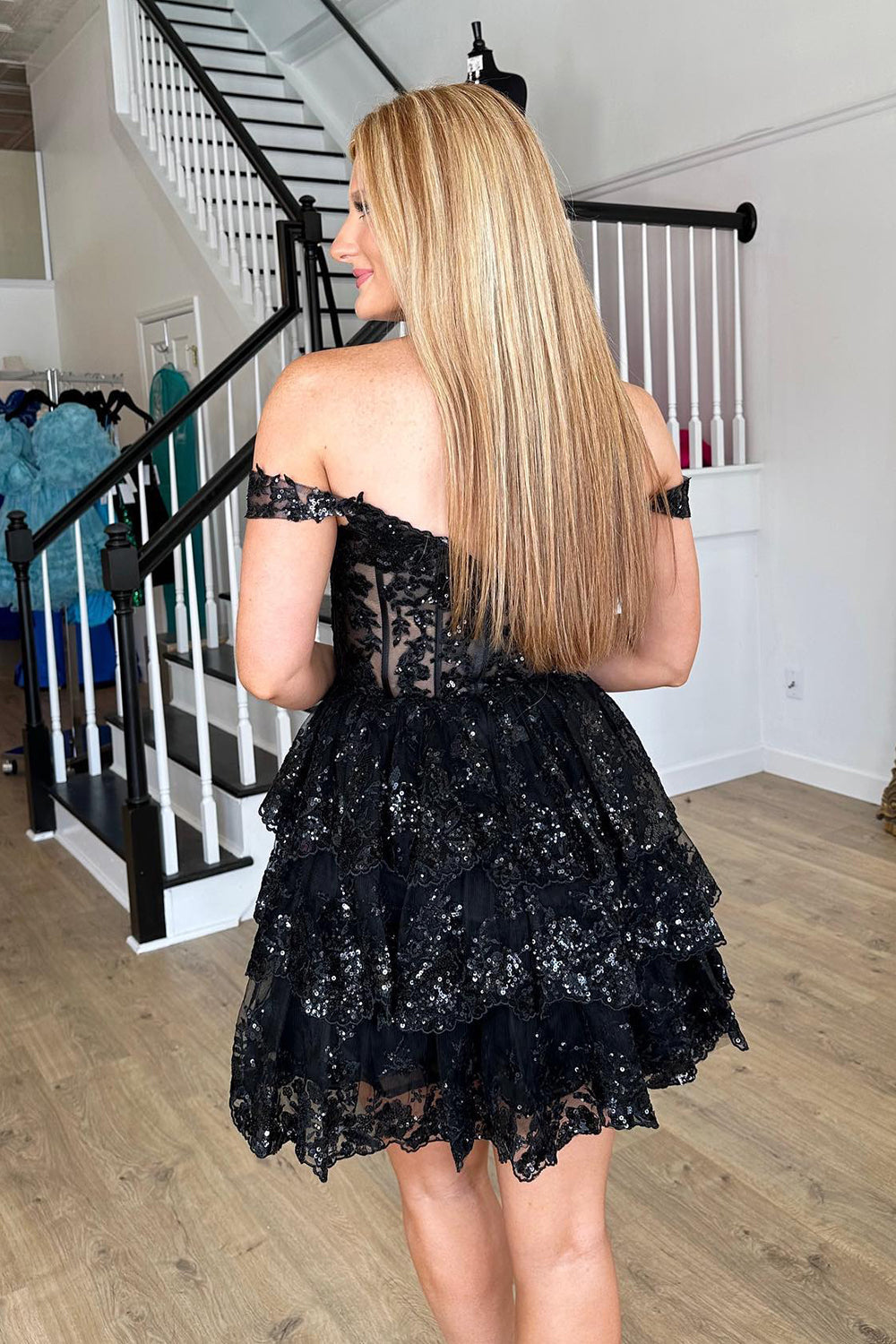 Sparkly Navy Corset Tiered Lace A-Line Short Homecoming Prom Dress