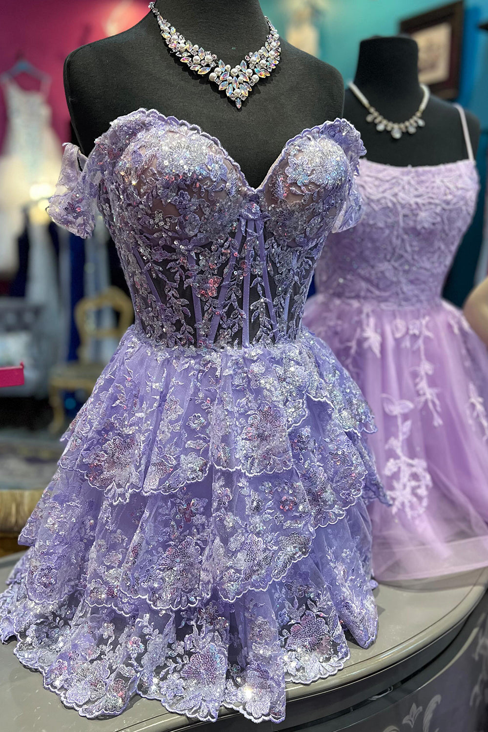 Sparkly Blue Corset Tiered Lace A-Line Homecoming Prom Dress