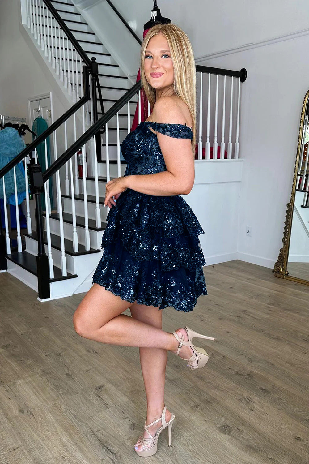 Sparkly Blue Corset Tiered Lace A-Line Homecoming Prom Dress