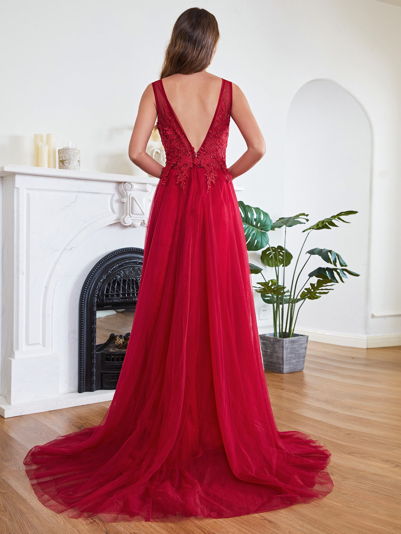 Red Evening Dresses Long Simple Prom Dresses with Lace