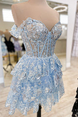 Sparkly Blue Corset Tiered Lace A-Line Homecoming Prom Dress