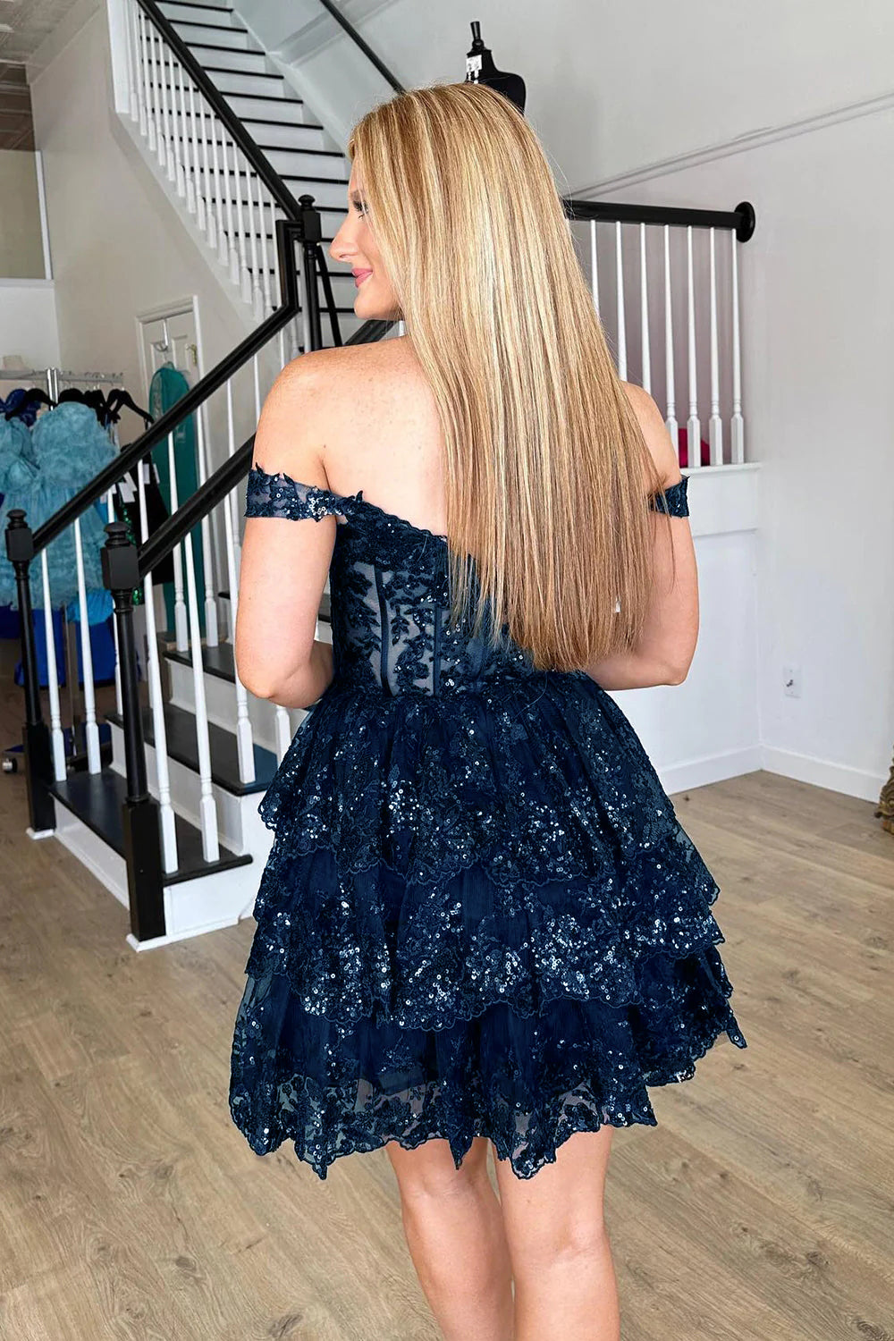 Sparkly Blue Corset Tiered Lace A-Line Homecoming Prom Dress