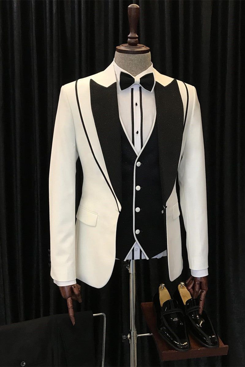 Abel Fashion White And Black Peaked Lapel Three Pieces Wedding Suits