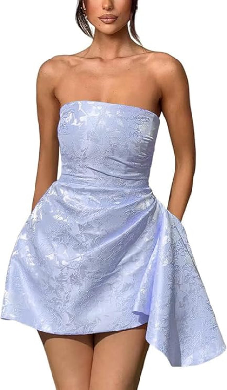 Sparkle Strapless Mini Party Dress Backless Satin Jacquard Homecoming Dress - Prom Dresses