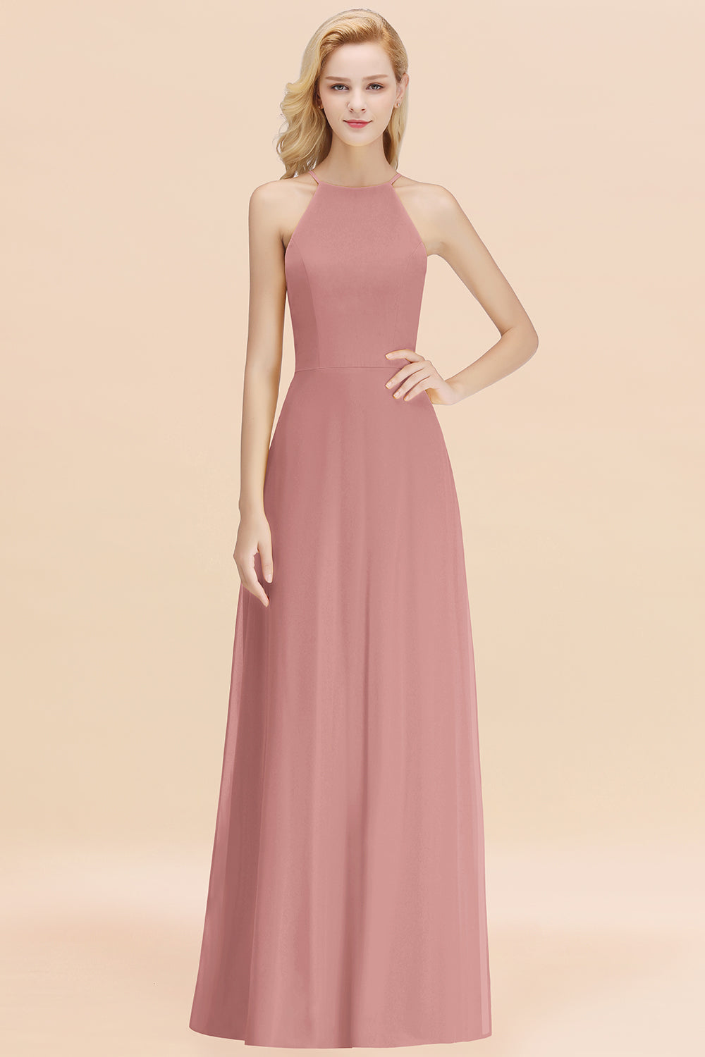 BMbridal Modest High-Neck Yellow Chiffon Affordable Bridesmaid Dresses Online