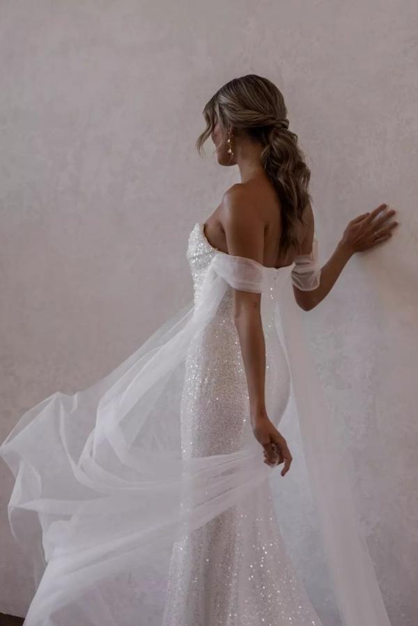 Bmbridal Schulterfrei White Hochzeit Dress Sequins Meerjungfrau Stil With Slit