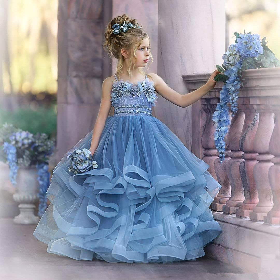 BMbridal Blue Späghetti-Träger Tüll Flower Girl Dress Layered With Applikation