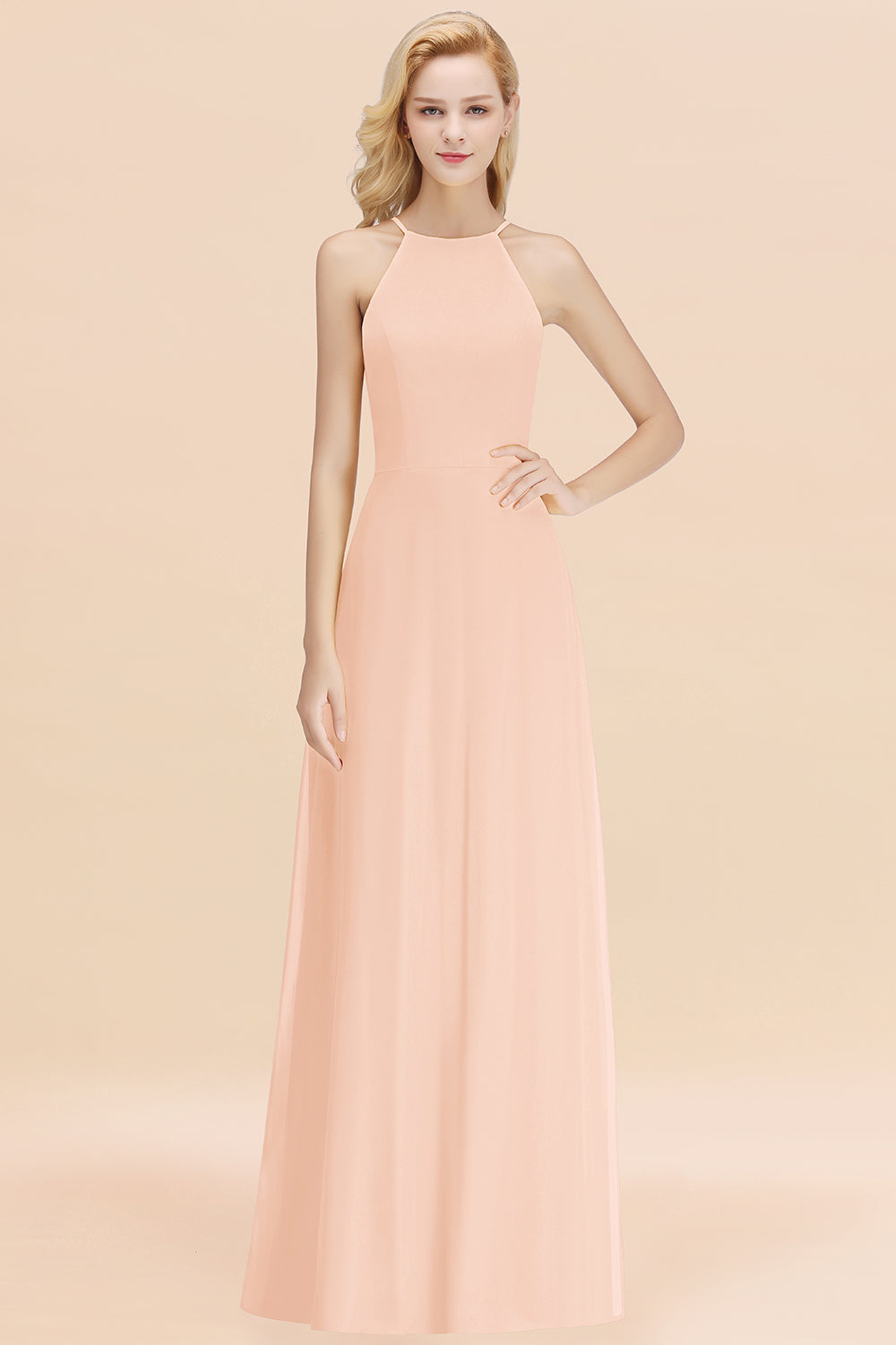 BMbridal Modest High-Neck Yellow Chiffon Affordable Bridesmaid Dresses Online