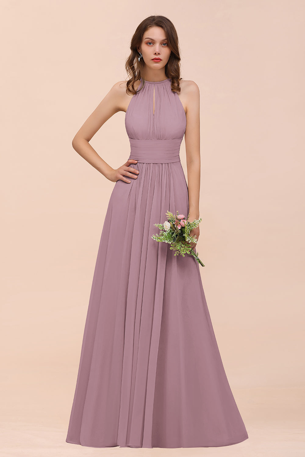 BMbridal Elegant Chiffon Jewel Ruffle Champagne Affordable Bridesmaid Dress Online