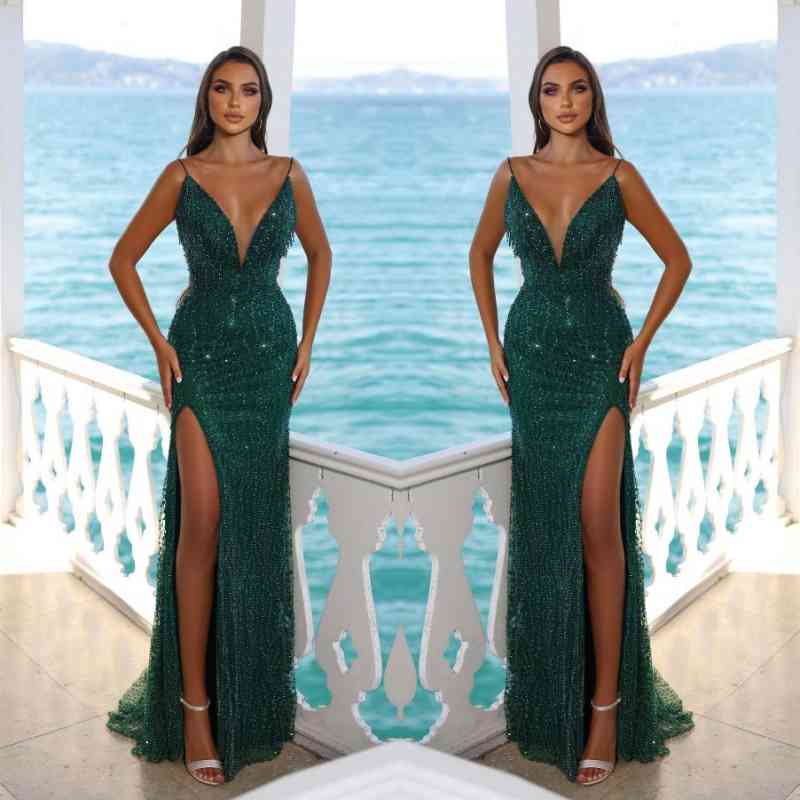 Bmbridal Dark green Ärmellos Prom Dress Meerjungfrau Stil Slit With Sequins Beads