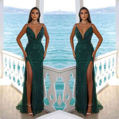 Bmbridal Dark green Ärmellos Prom Dress Meerjungfrau Stil Slit With Sequins Beads