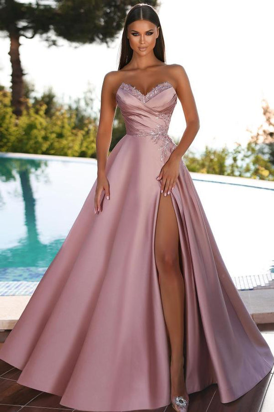 BMbridal Herz Ausschnitt Dusty Pink Prom Dresses Long With Slit Spitze Applikation