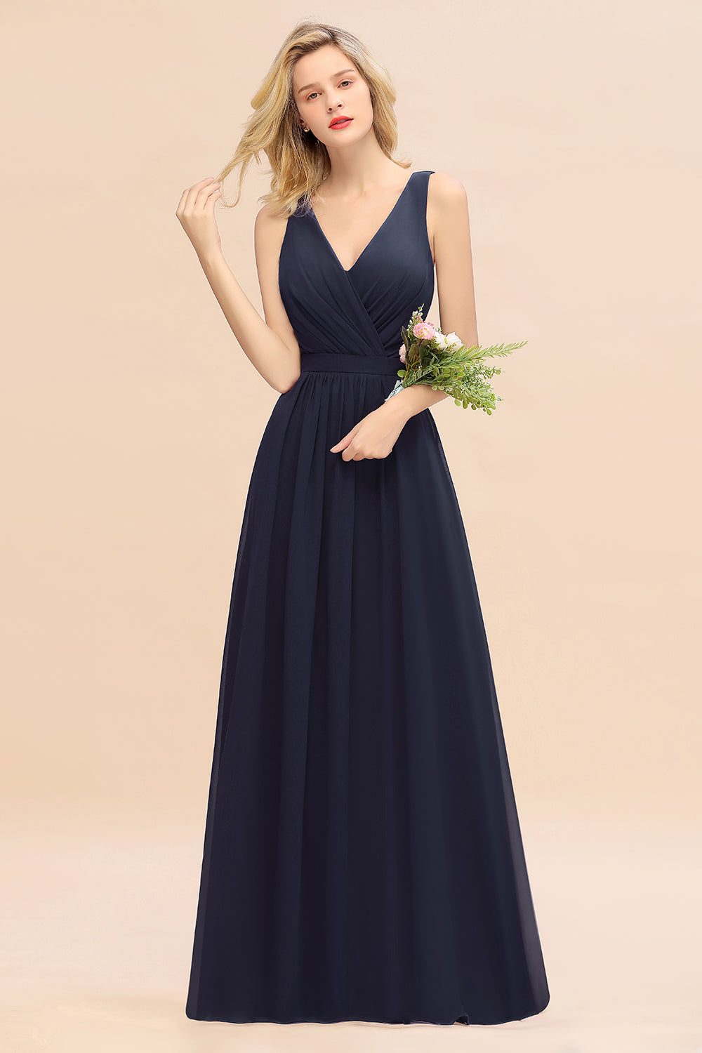 BMbridal Affordable V Ausschnitt Ruffle Long Grape Chiffon Bridesmaid Dress with Schleife