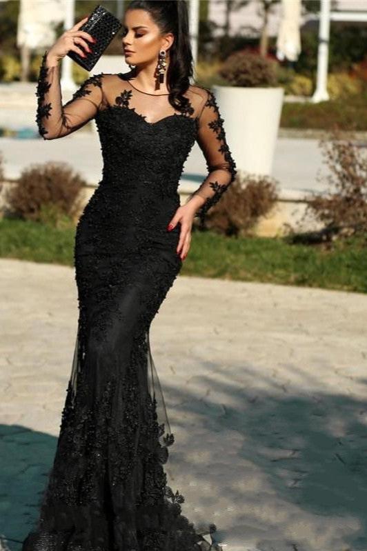 Bestellen Sie online bei Thekleid.de Elegante Abendkleider Lang Schwarz. Spitze Abiballkleider Mit Ärmel für Sie nach Maße zum Abiball gehen.