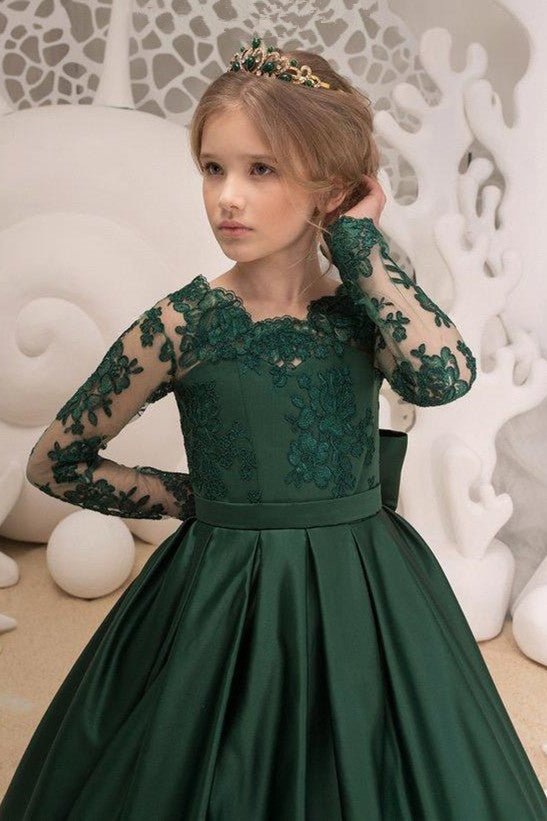 Laden Sie das Bild in den Galerie-Viewer, Designer Ihrer Blumenmädchen Kleid Grün Langarm  online bei babyonlinedress.de. Blumenmädchenkleider für Kinder für Sie zur Hochzeit gehen.
